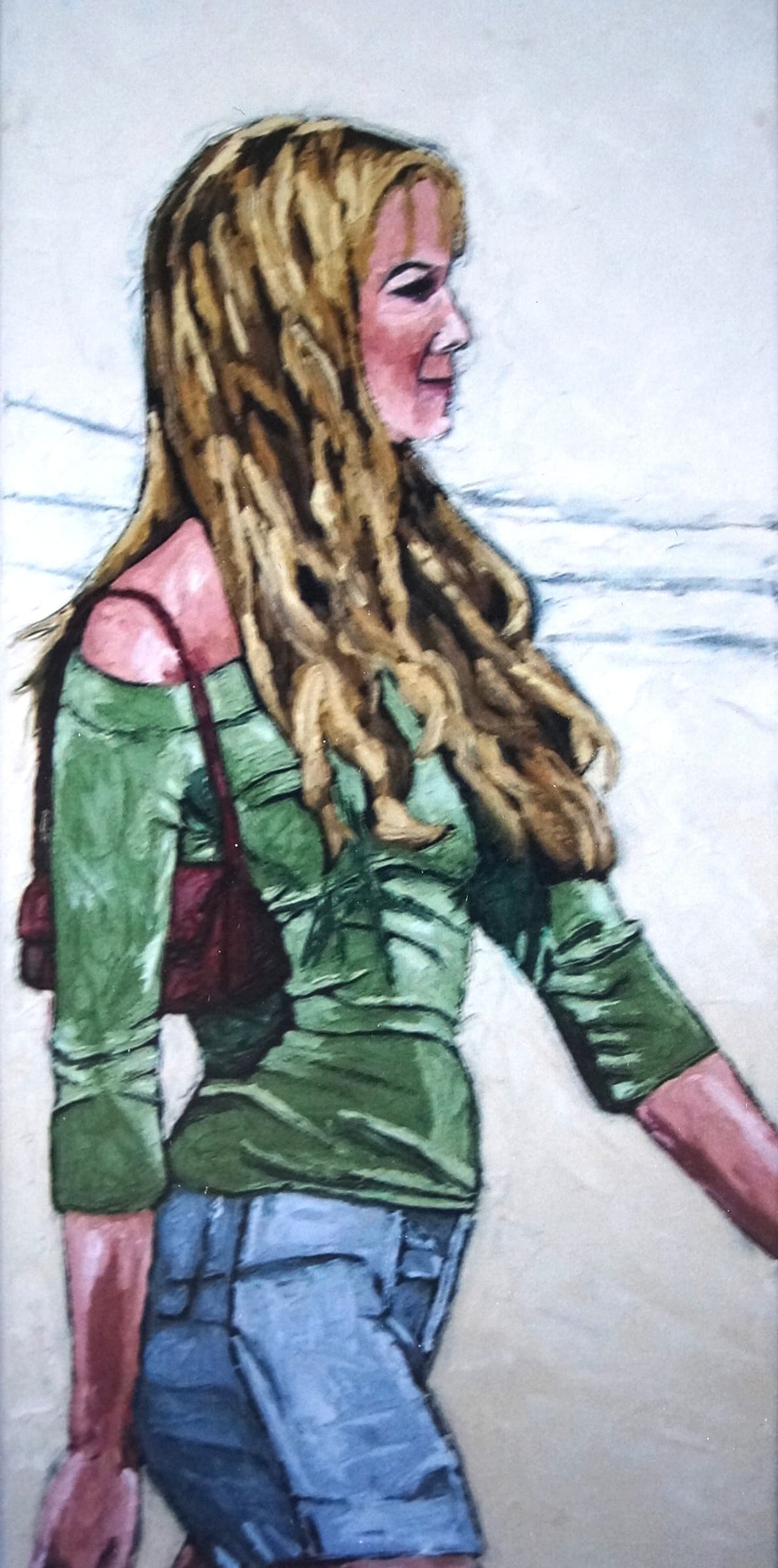 Second woman standing walking right