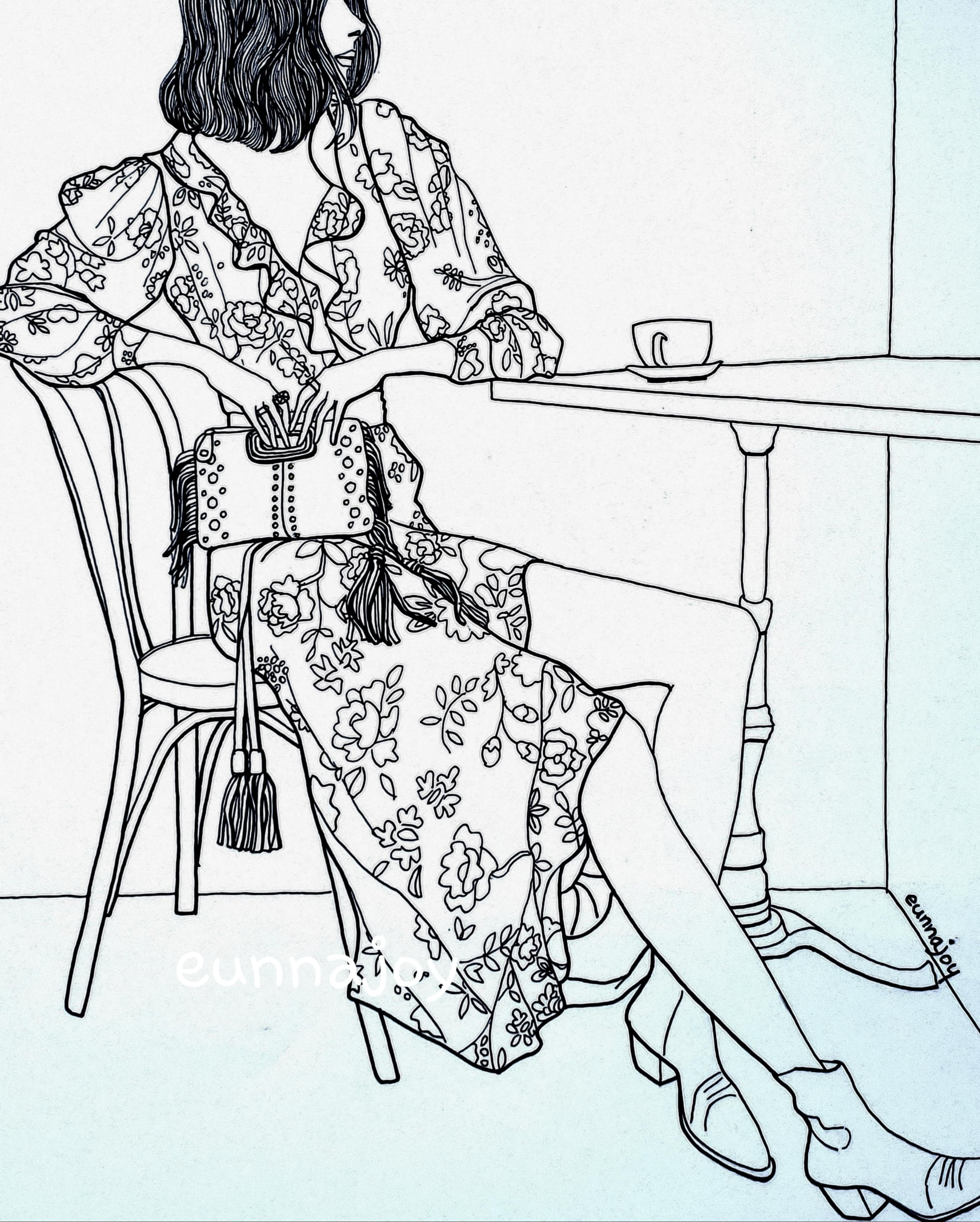 Black and white drawing of woman sitting